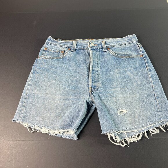 VTG 90s Levi's Jean Short Men 31* 501 Blue Distressed Cut Off Denim Jorts Tag 34 - Picture 1 of 16